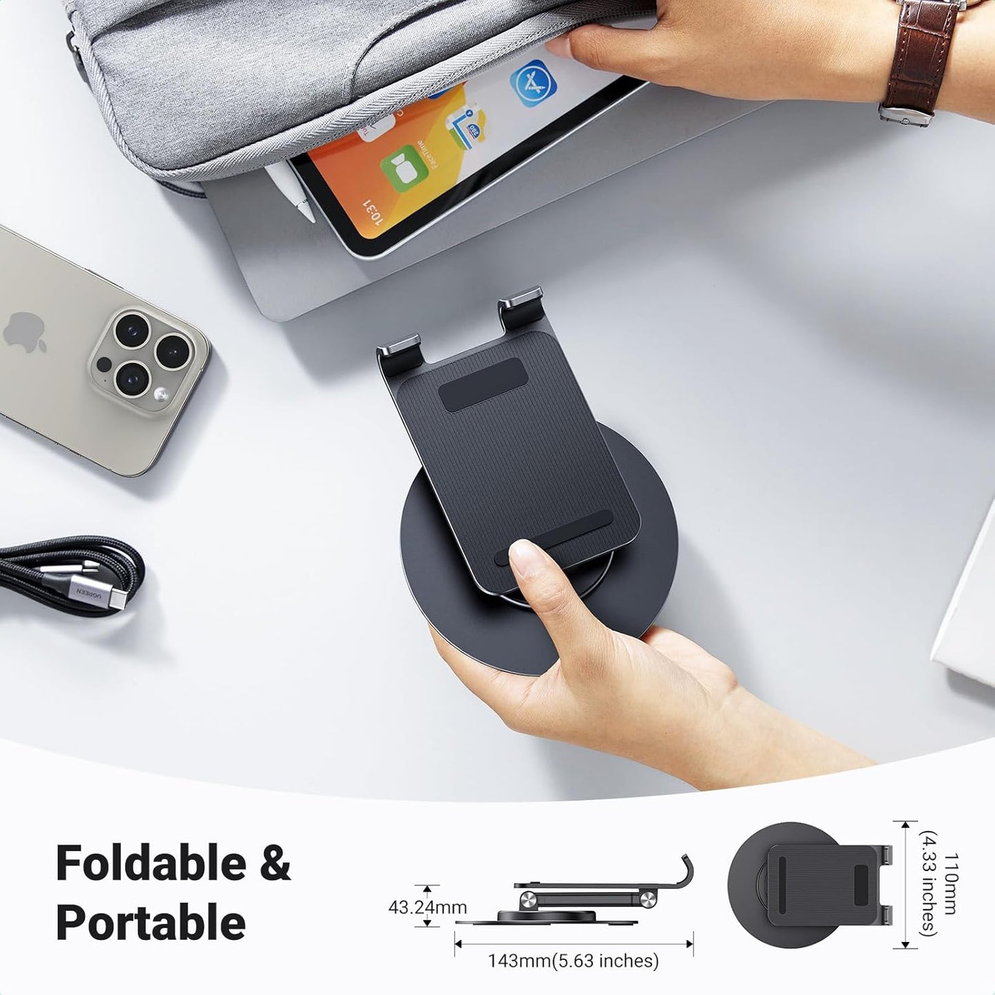 UGREEN 35152 Cell Phone Stand Multi-Angle Adjustable Foldable Holder 360° Rotation for Desk Compatible with iPhone 16 Pro Max, Galaxy S24 Ultra, and More up to 9.7''