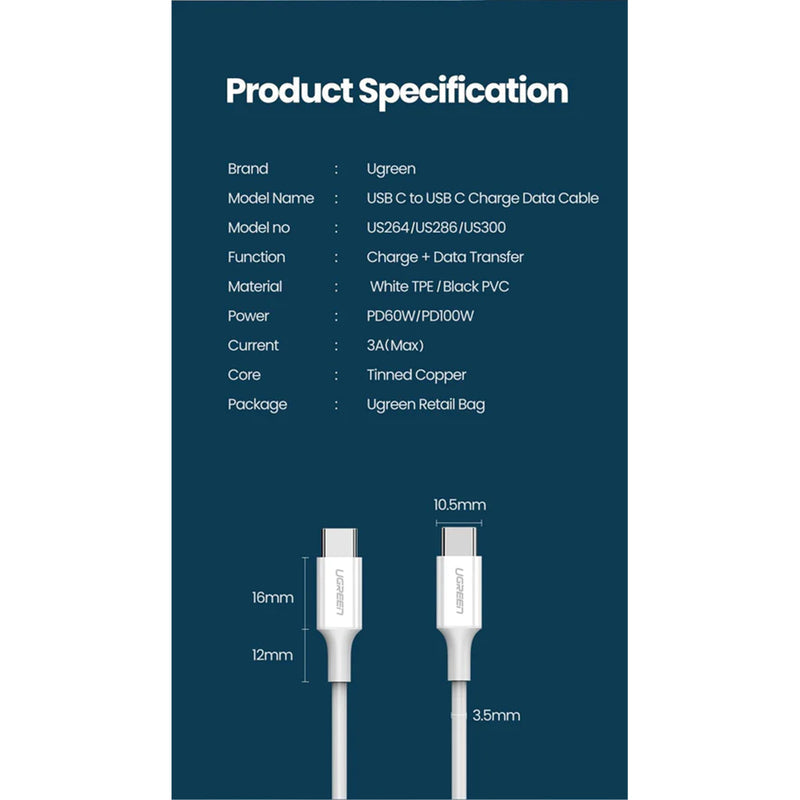 UGREEN UG-60520 USB 2.0 USB-C Cable - 2m - White