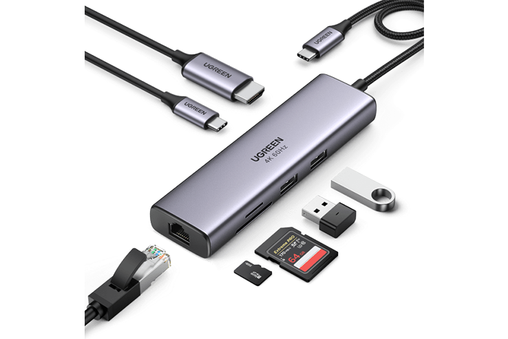 UG-60515 UGREEN Revodok 107 USB C Hub 7 in 1 Gigabit Ethernet 4K@60Hz HDMI, 100W PD Charging, SD/TF Card Reader, 2 USB A Data Ports Compatible with Mac,IPAD,Iphone