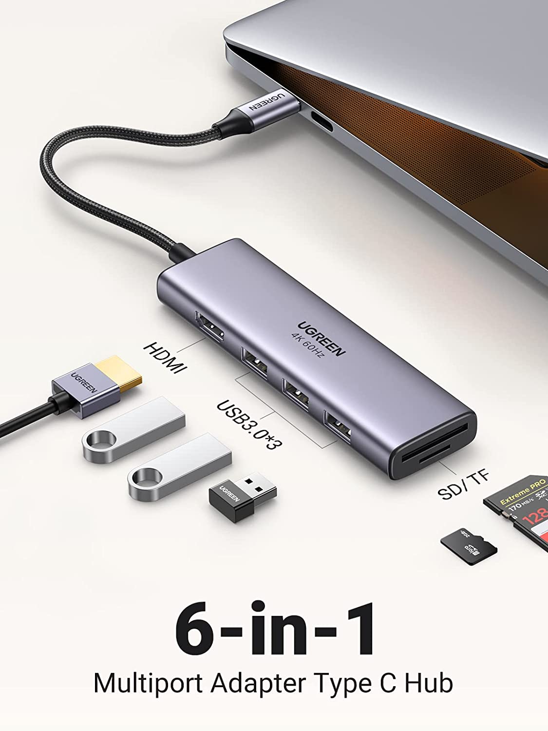 Ugreen 60383 6-in-1 USB-C To HDMI+3*USB 3.0 A+SD/TF Converter