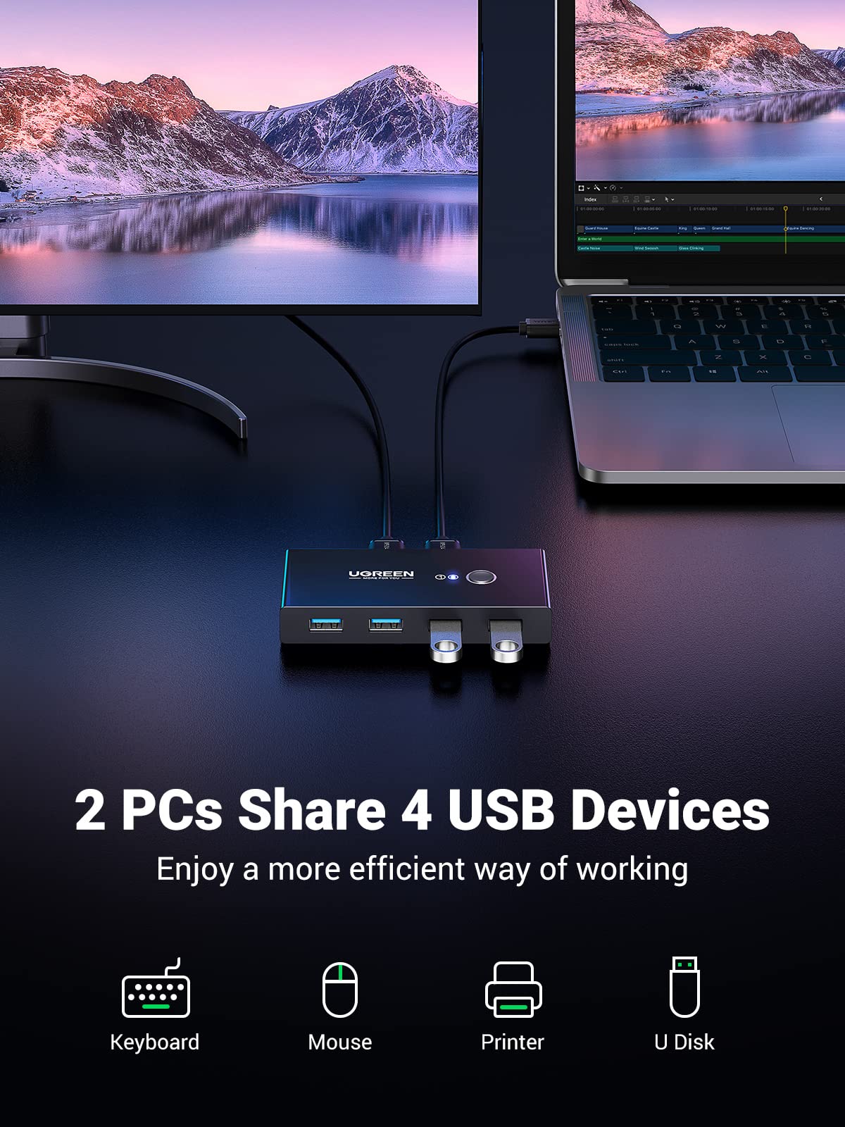 UGREEN 30768 2 In 4 Out USB 3.0 Sharing Switch Box
