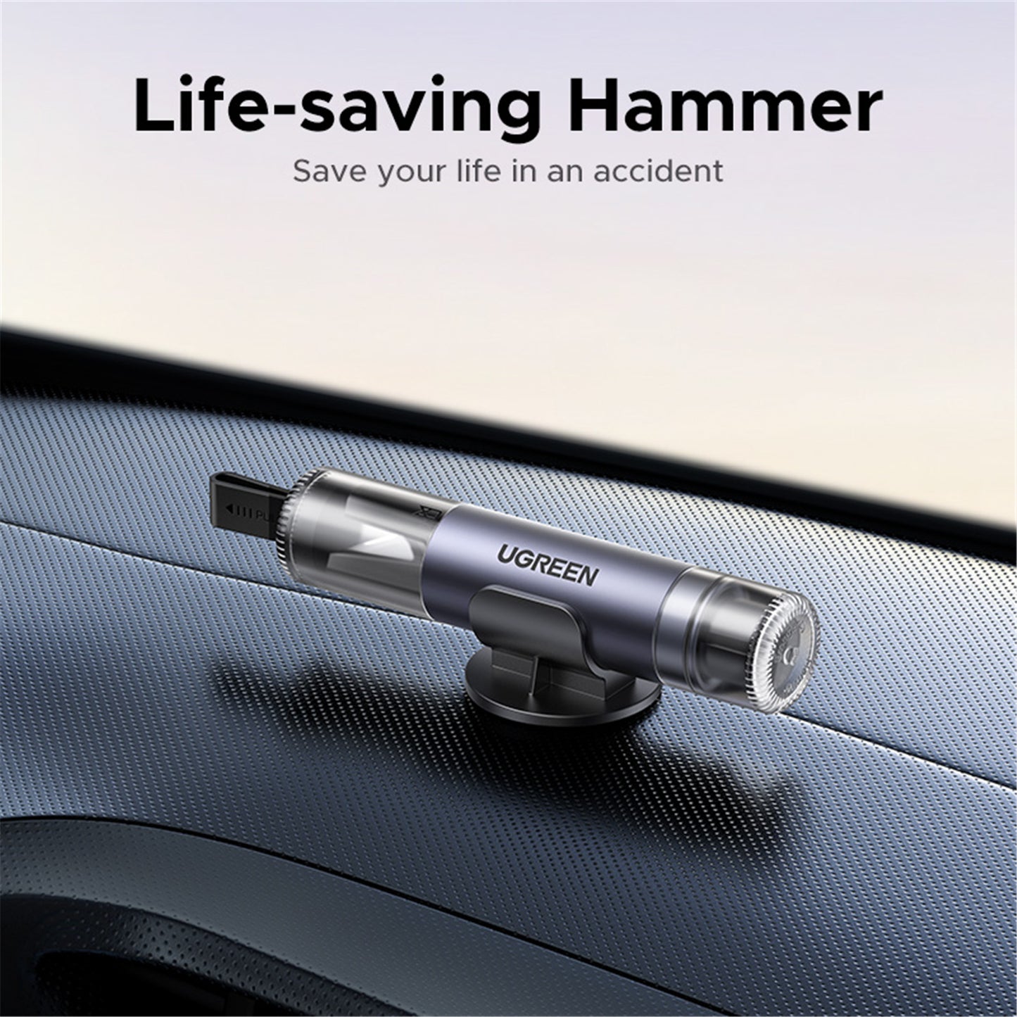 UGREEN UG-35347 Car Safety Hammer - Glass Breaker & Seat Belt Cutter; Handy Base for Quick Access & Storage; Rapid Breaking Even Underwater