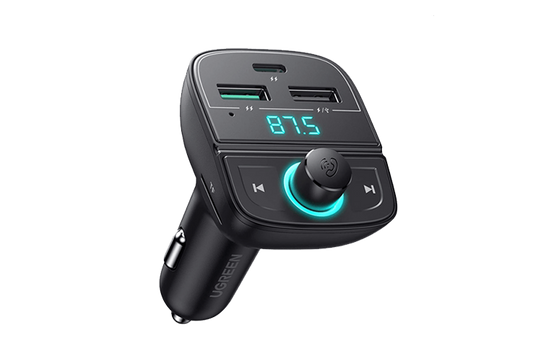 UGREEN 80910 Car Bluetooth Adapter - Bluetooth FM Transmitter for Car PD/QC 3.0 Car Charger for iPhone 13/12/12 Pro/11, Support Hand-Free Calling/MP3 Audio Playing/TF&USB Driver/Car Voltage Display