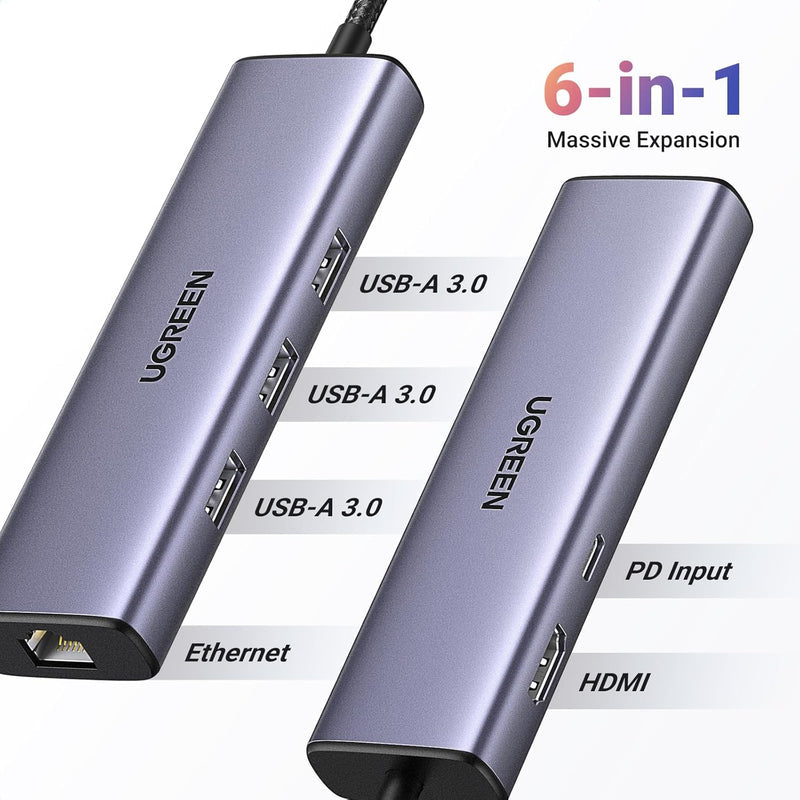 UGREEN 15598 Revodok 1061 USB C Hub 6-in-1 Gigabit USB C to Ethernet Adapter with 4K HDMI, 100W Power Delivery, 3 USB 3.0, Compatible with MacBook, iPad Pro, iPhone 15 Pro/Pro Max, Dell, HP, Chromebook.