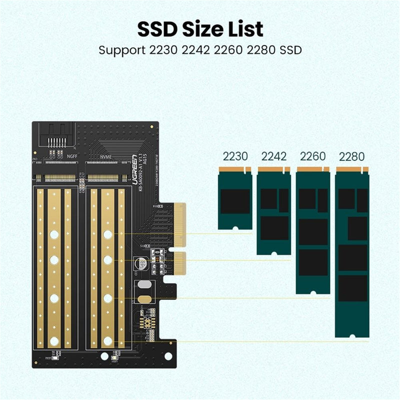 UGREEN 30715 NVMe PCIe Adapter, M.2 SSD M Key and M+B Key to PCIe 4.0 Adapter X4 X8 X16 Slot Card with Heat Sink, Up to 64Gbps Max, Size for NVMe M.2 SSD 2230 2242 2260 2280