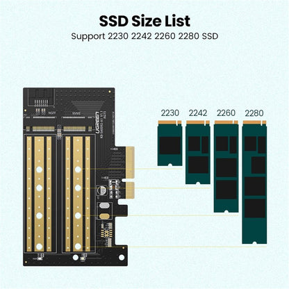UGREEN 30715 NVMe PCIe Adapter, M.2 SSD M Key and M+B Key to PCIe 4.0 Adapter X4 X8 X16 Slot Card with Heat Sink, Up to 64Gbps Max, Size for NVMe M.2 SSD 2230 2242 2260 2280