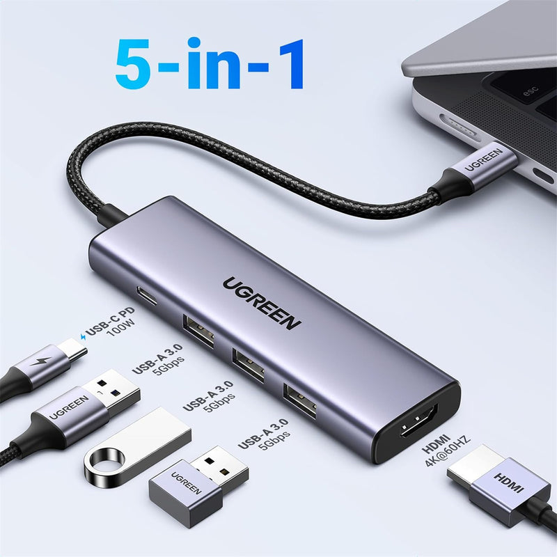 UGREEN 15597 USB C Hub, 5-in-1 USB-C Hub with 4K@60Hz HDMI, 100W Power Delivery, 3 USB-A 3.0 Data Ports, USB C Dock Adapter for MacBook Pro/Air, iPad Pro, Mac Mini, Surface, XPS, Thinkpad, Galaxy, and More