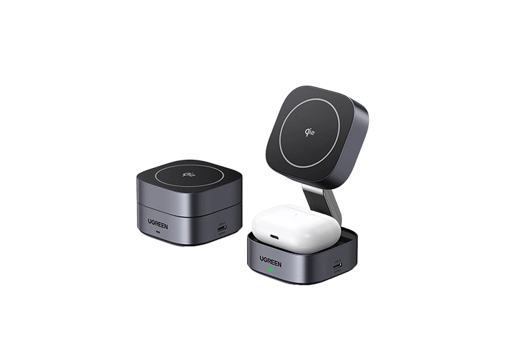 UGREEN 35316 MagFlow Qi2 Wireless Charger, 15W Foldable 2 in 1 Magsafe Charger for Travel, Adjustable Wireless Charging Station Compatible with iPhone 16/15/14/13/12 Series, AirPods 3/2/Pro (No AC Adapter)