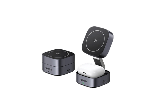 UGREEN 35316 MagFlow Qi2 Wireless Charger, 15W Foldable 2 in 1 Magsafe Charger for Travel, Adjustable Wireless Charging Station Compatible with iPhone 16/15/14/13/12 Series, AirPods 3/2/Pro (No AC Adapter)