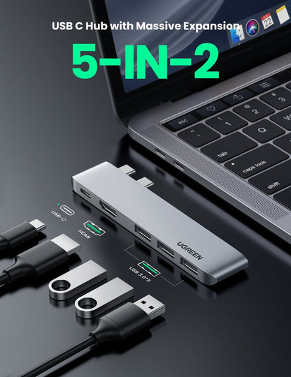 Ugreen 60559 Dual USB-C To HDMI+3*USB 3.0 A+Type C Female Converter Gray