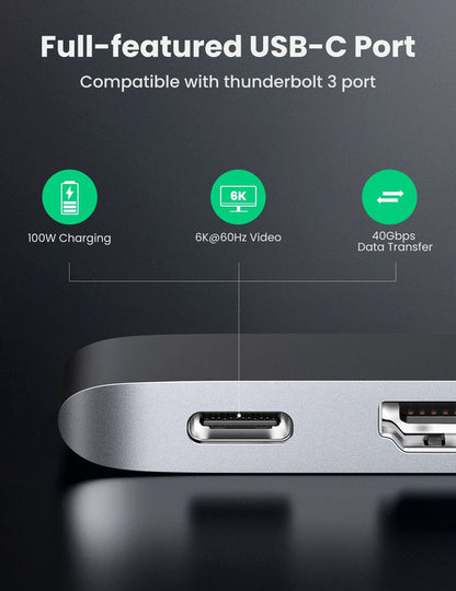 Ugreen 60559 Dual USB-C To HDMI+3*USB 3.0 A+Type C Female Converter Gray