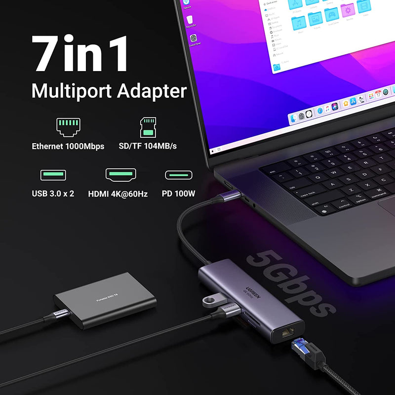 UGREEN Revodok 107 USB C Hub 7 in 1 Gigabit Ethernet 4K@60Hz HDMI, 100W PD Charging, SD/TF Card Reader, 2 USB A Data Ports Compatible with Mac,IPAD,Iphone