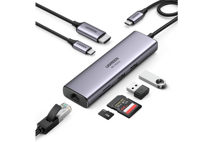UGREEN Revodok 107 USB C Hub 7 in 1 Gigabit Ethernet 4K@60Hz HDMI, 100W PD Charging, SD/TF Card Reader, 2 USB A Data Ports Compatible with Mac,IPAD,Iphone