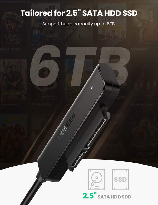 UGREEN 70609 SATA to USB Adapter, SATA USB 3.0 Cable to 2.5 inch SATA III HDD SSD Hard Drive, (7+15) Pin SATA III Converter 5Gbps High Speed Transfer, Support UASP, Driver-Free, 1.5FT