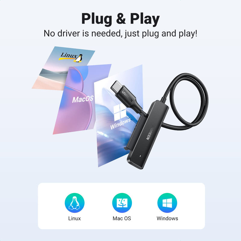 UGREEN 70610 SATA to USB Adapter, USB C SATA USB 3.1 Gen 1 Cable to 2.5 inch SATA III HDD SSD Hard Drive, Type-C (7+15) Pin SATA III Converter 5Gbps High Speed Transfer, Support UASP, Driver-Free, 1.5FT