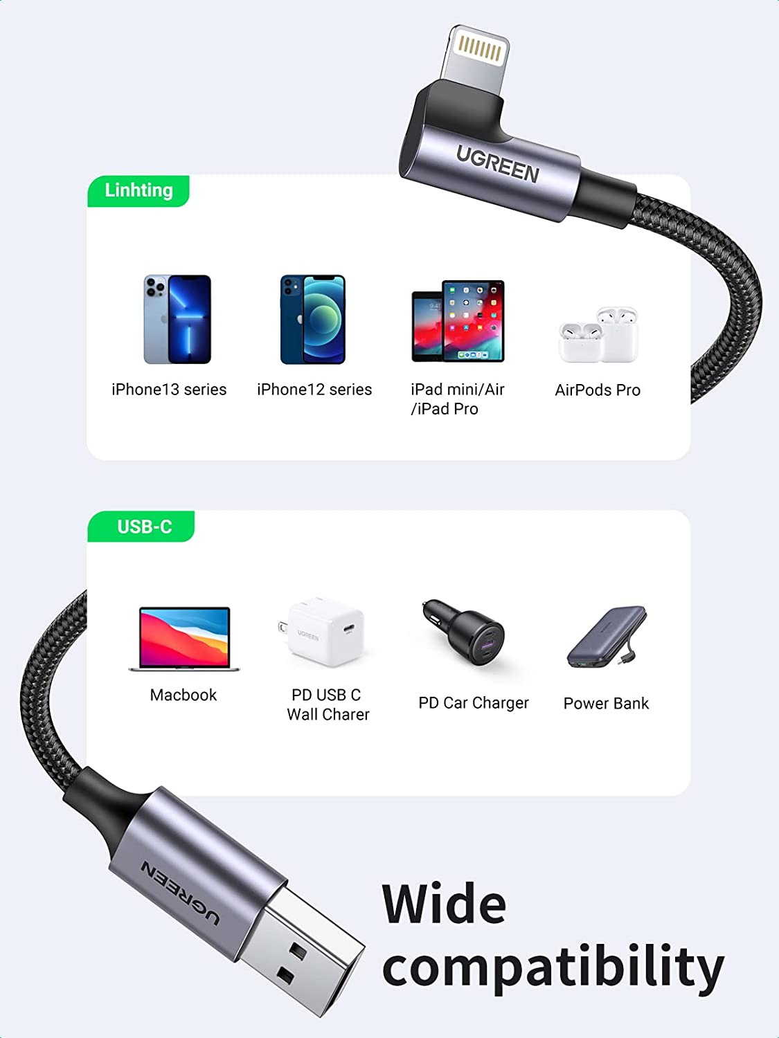 Ugreen MFi Certification Right Angel Lightning to USB A Cable